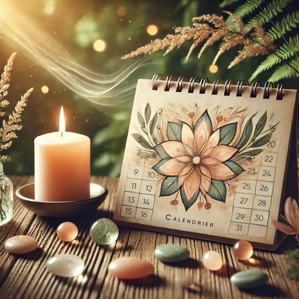 Calendrier spirituel sur la guérison énergétique avec une bougie allumée et des pierres naturelles, ambiance bien-être et nature