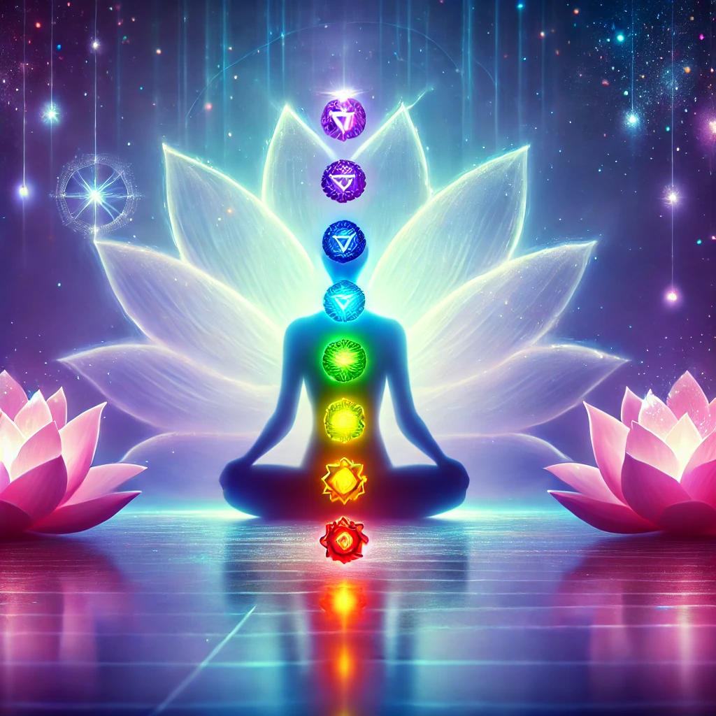 Personne en position du lotus méditant, illustrant l'alignement des sept chakras lumineux pour atteindre l'harmonie et l'équilibre énergétique.