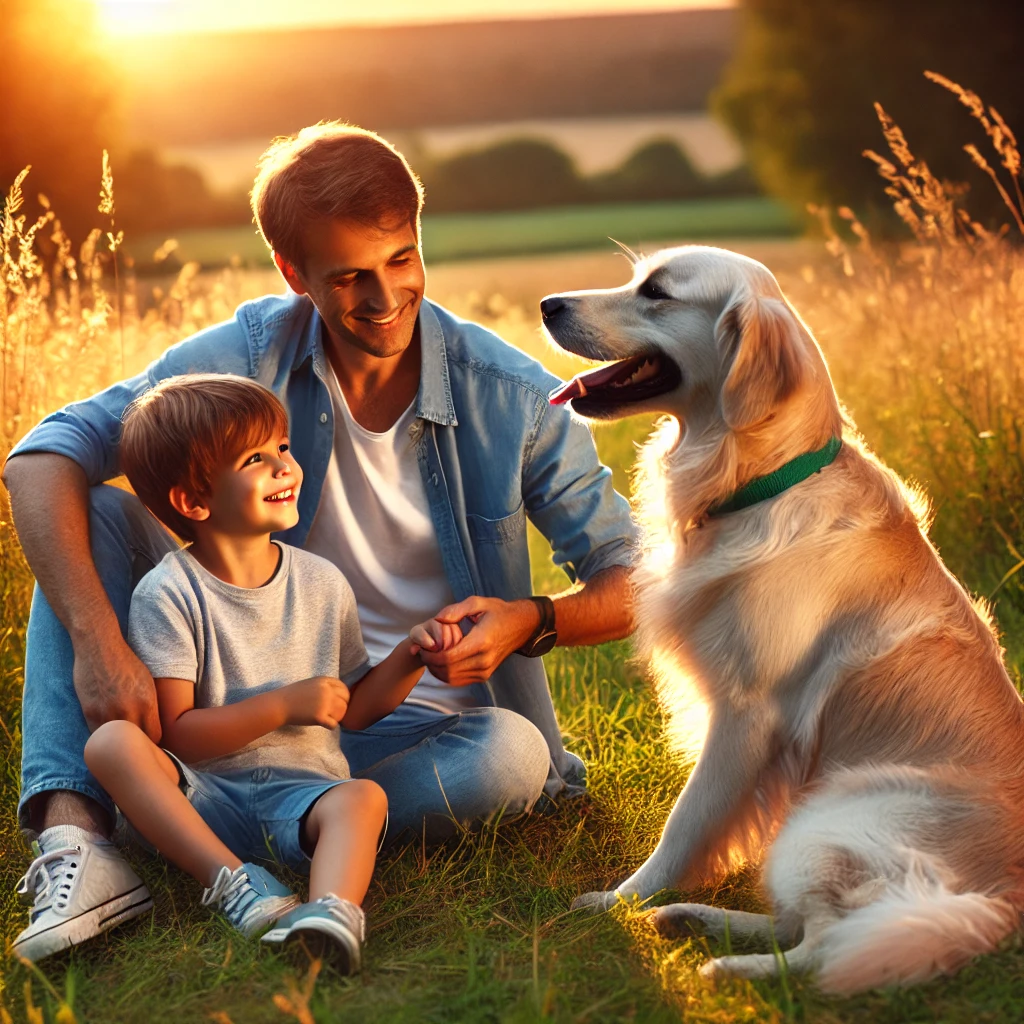Un père et son jeune fils assis dans un champ ensoleillé partagent un moment de complicité et de tendresse avec leur chien Golden Retriever